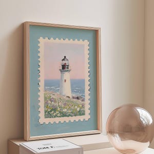 Leuchtturm Stempel Kunstdruck | Poster | New England Light House Digitaler Download | Pastell Küstendruck | Maximalist Dopamin Dekor