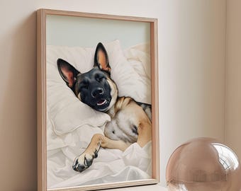 Impresión artística de pastor belga malinois / Póster de perro durmiendo / Decoración para el hogar azul / Descarga de impresión digital / Decoración de dopamina
