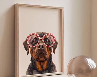 Puede incluir: Una ilustración enmarcada de un perro Rottweiler con gafas de sol de rayas rojas y blancas. El perro está mirando directamente al espectador.