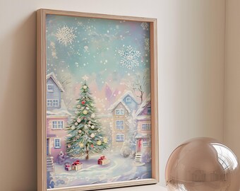 Pastel Christmas Village Art Print | Whimsical Festive Winter Village Poster | Christmas Home Decor | Instant Download