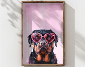 Rottweiler Heart Glasses Art Print | Rottie Poster | Pink Home Decor | Instant Download