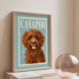 Cavapoo Kunstdruck | Poster Hund auf Briefmarke | Blaue Postkarte Home Decor | Digital Poster Download | Dopamin Dekor