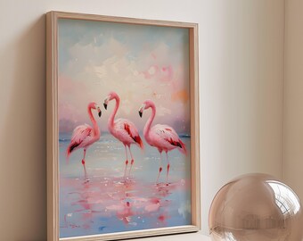 May include: A framed painting of three pink flamingos standing in a shallow body of water. The background is a soft blue and pink sky with clouds.