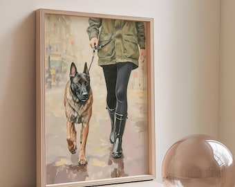 Belgian Malinois in the City Art Print | Urban German Shepherd Dog Poster | Dog Walker Home Decor | Digital Print Download | Dopamine Decor