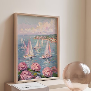 Pink Hydrangea Sailing at Coastal Beach Art Print | New England Sailboats Poster | Beachy Home Decor | Instant Download