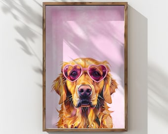 Golden Retriever in Heart Glasses Art Print | Dog Poster | Pink Home Decor | Instant Download