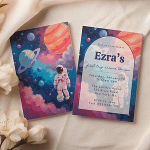 Invitation d'anniversaire d'astronaute premier voyage autour du soleil | Fête de l'espace extra-atmosphérique pour le 1er anniversaire d'un bébé | Première carte postale à téléchargement numérique