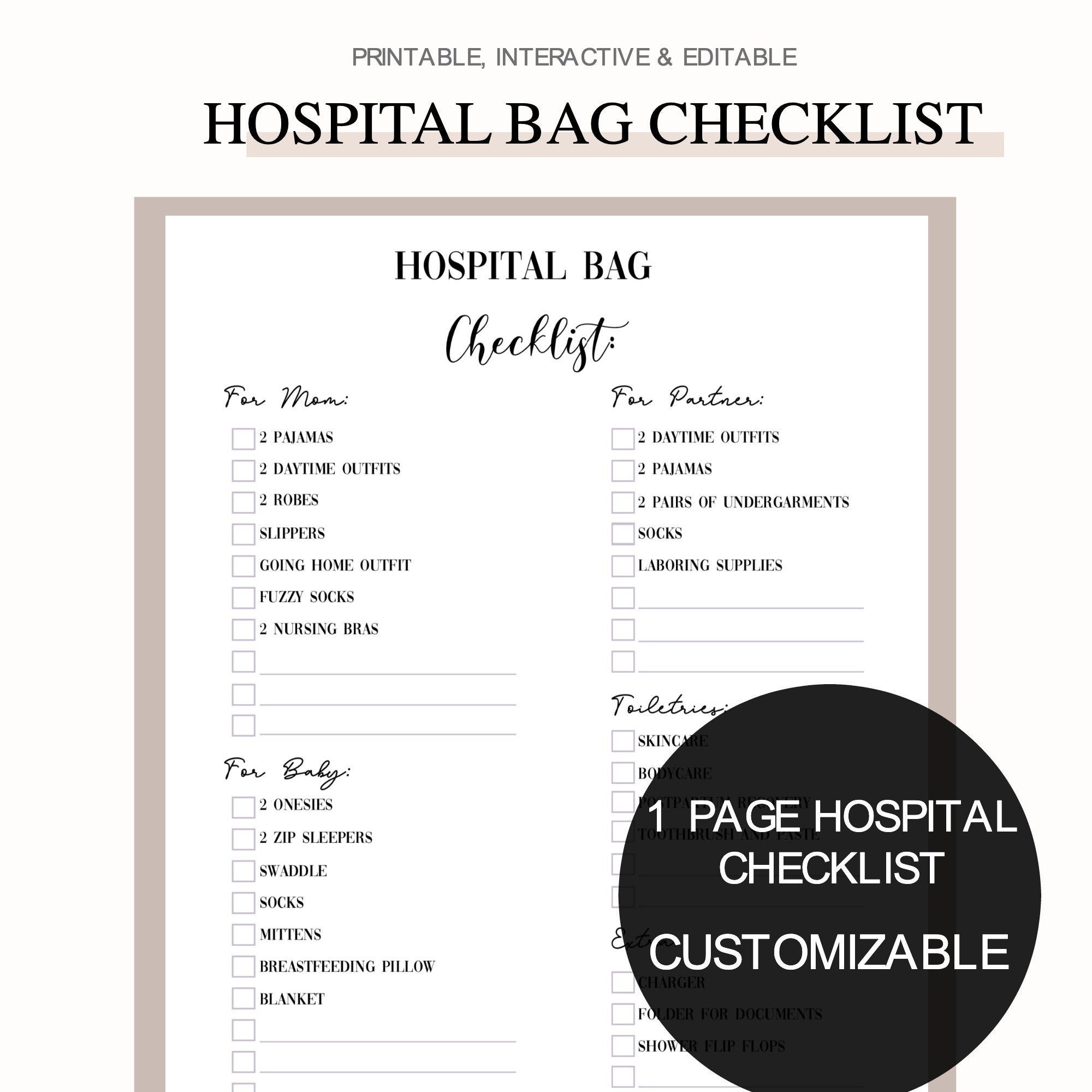 Hospital Bag Checklist Interactive Template Printable | Etsy