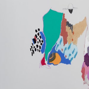 Könnte beinhalten: Abstrakte Malerei mit einer Vielzahl von Farben und Formen, darunter Schwarz, Weiß, Rot, Blau, Grün, Orange und Lila. Das Gemälde befindet sich auf einem weißen Hintergrund.