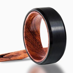 Koa Wood Tungsten Wedding Ring, Black Faceted 8mm Comfort Fit Band, Men's & Women's Wedding Band, Rustic Anniversary Ring