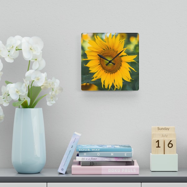 Acrylic Wall Clock, Kitchen Wall Clock 10.75" Square or Round Tile Artwork Any Occasion, housewarming, birthday, Sunflower Art.