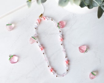 Strawberry Peach Phone Strap Charm/ Pink Fruit Lover Accessories/ Kawaii Phone Strap/ Best Gifts for Girls