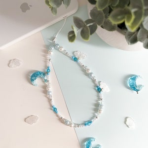 Cloudy Moon Night Phone Strap/ Phone Charm/ Phone Accessories/ Blue Moon & White Clouds Charms/ Beaded Phone Strap