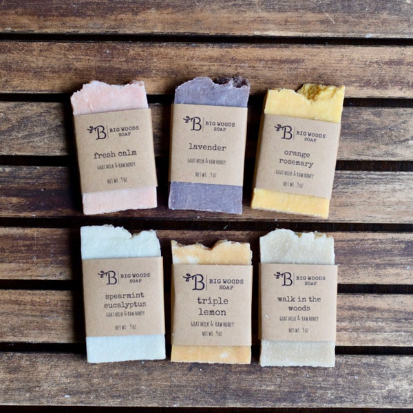 Mini Soap Sampler Set - Labeled boxed soap  - Lavender, Fresh Calm, Spearmint Eucalyptus, Triple Lemon, Orange Rosemary, Walk in the Woods