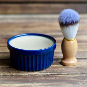 Cedar Eucalyptus Shaving Soap & Brush Set: Blue Ceramic Dish