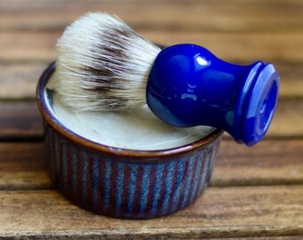 Shaving Soap & Brush Set -  - Blue rustic porcelain dish - Men's gift idea - Lavender shaving soap - holiday gift set