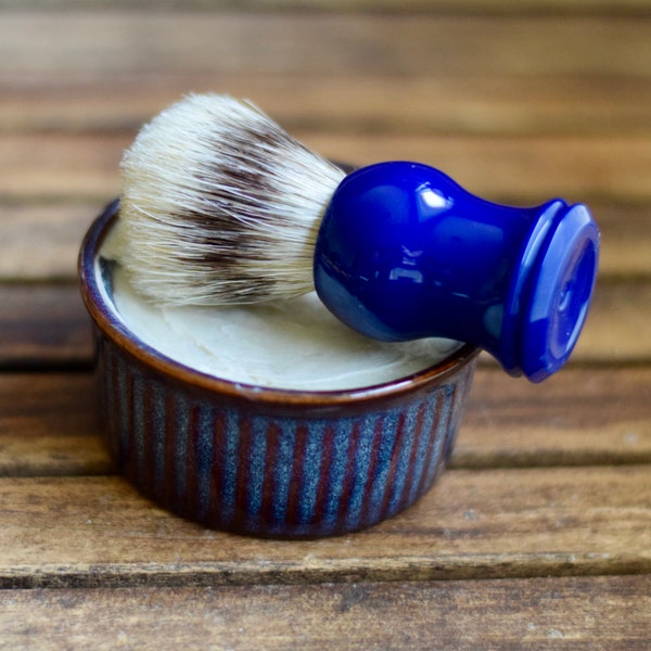 Shaving Soap & Brush Set -  - Blue rustic porcelain dish - Men's gift idea - Lavender shaving soap - holiday gift set