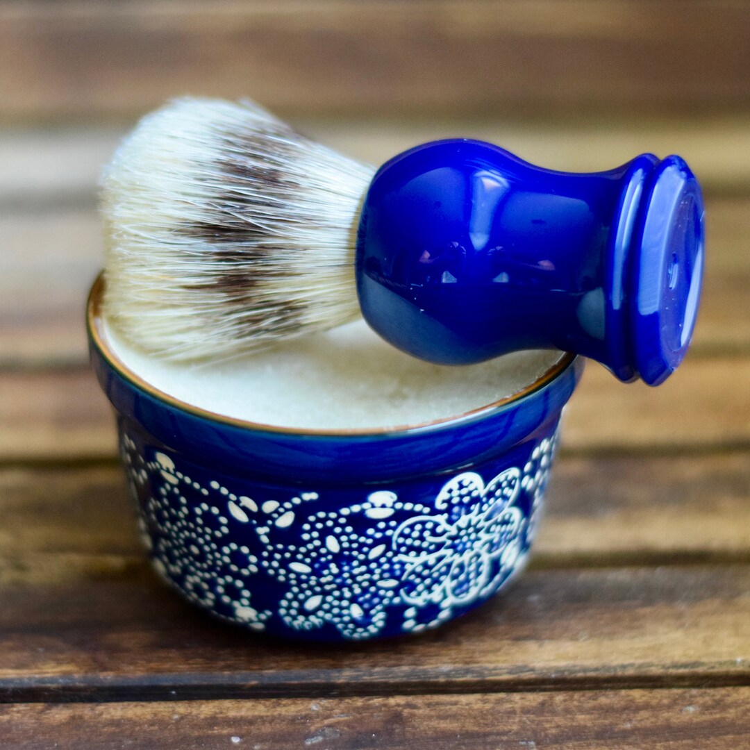 Shaving Soap & Brush Set Blue Floral Porcelain Dish Self Care Gift Set