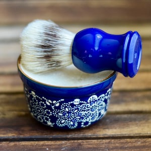 Shaving Soap & Brush Set -  - Blue floral porcelain dish - self care gift set