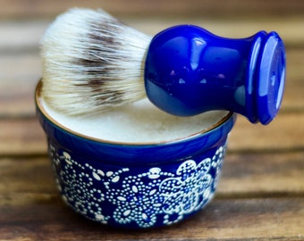 Shaving Soap & Brush Set -  - Blue floral porcelain dish - self care gift set