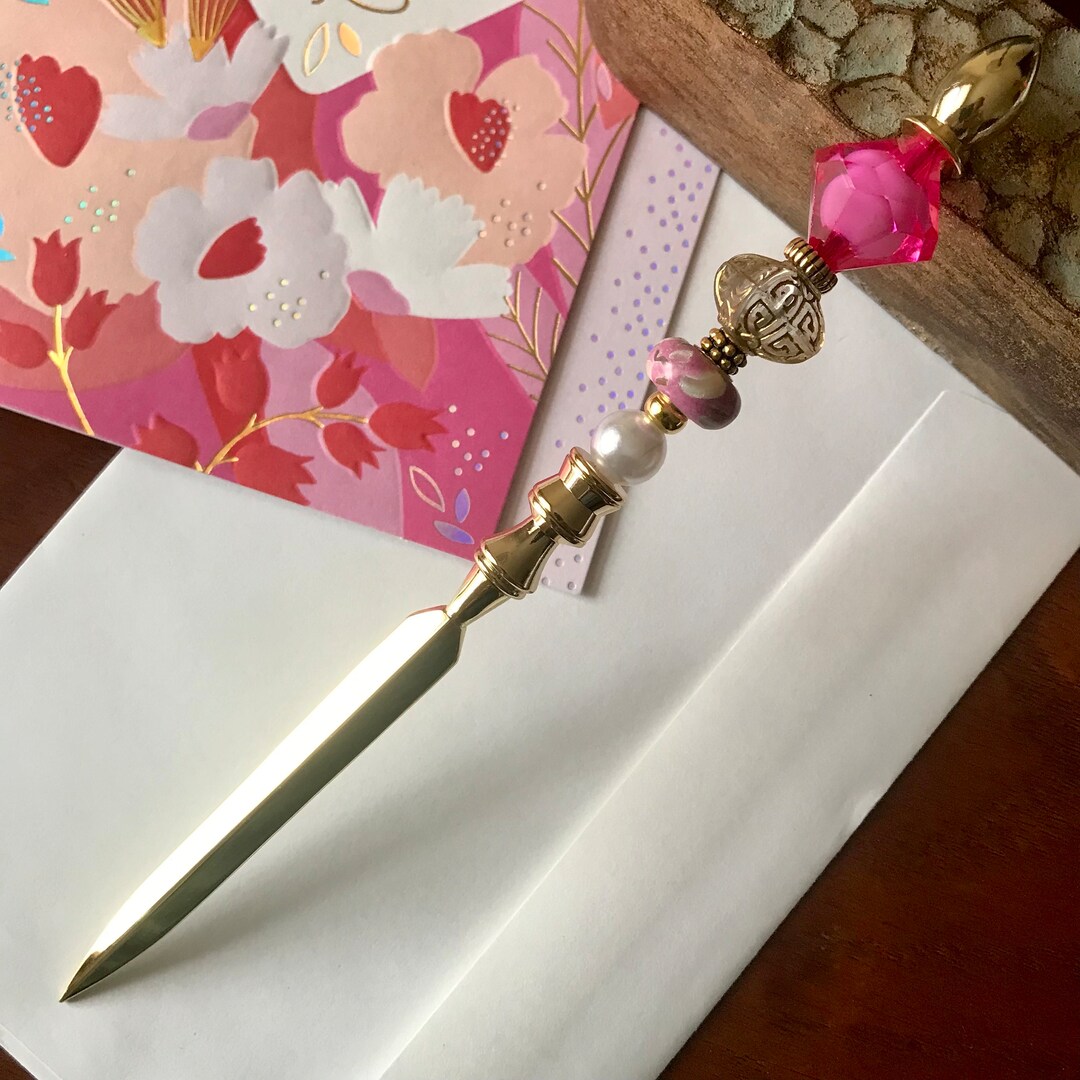 Pink Beaded Letter Opener Gold Letter Opener Mail Opener Etsy