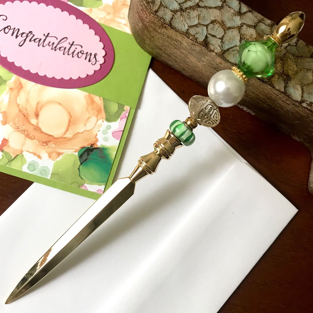 Green Beaded Letter Opener Gold Letter Opener Mail Opener Etsy