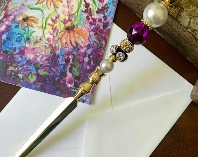 Purple Beaded Letter Opener, Gold Letter Opener, Mail Opener, Metal