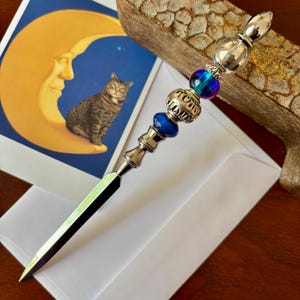 Royal Blue Beaded Letter Opener: Silver Mail Knife with Gift Pouch