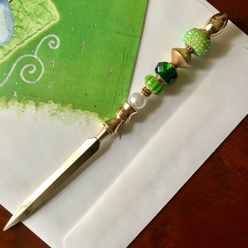 Green Beaded Letter Opener, Gold Letter Opener, Mail Opener, Metal
