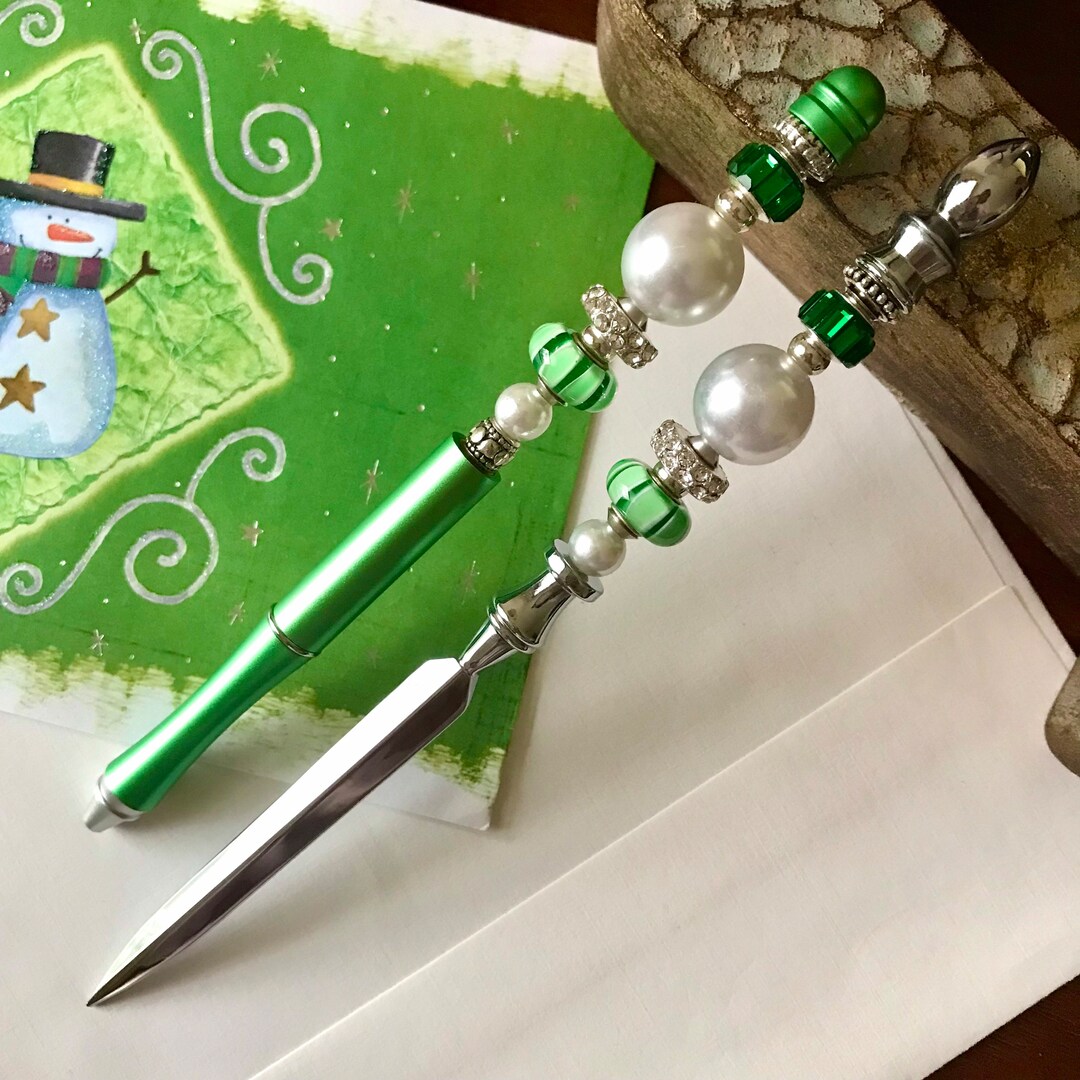 Green Beaded Letter Opener and Pen Silver Letter Opener Etsy