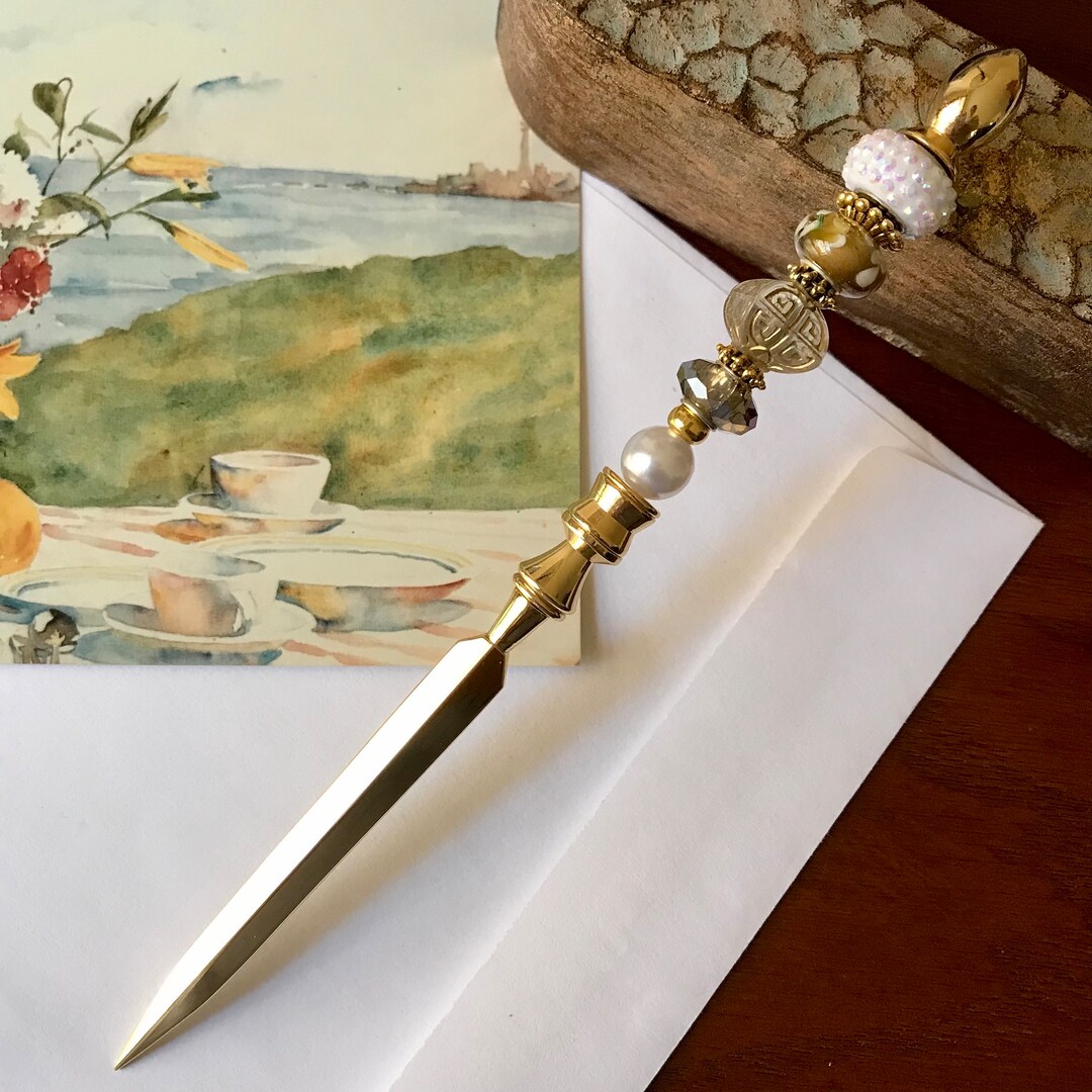 Moss Green Beaded Letter Opener Gold Letter Opener Mail Etsy