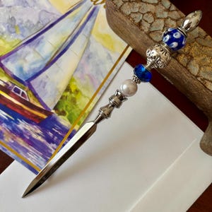 Blue Beaded Silver Letter Opener: Decorative Mail Knife