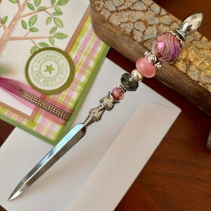 Pale Pink Beaded Letter Opener: Silver Finish Desk Accessory