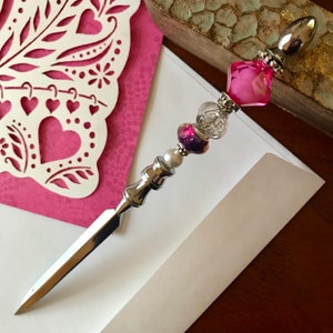 Beaded Metal Letter Opener: Fuchsia, Pearl & Silver Tones