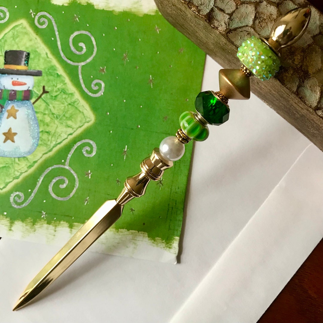 Green Beaded Letter Opener, Gold Letter Opener, Mail Opener, Metal