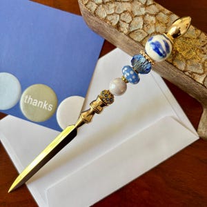 Blue Beaded Letter Opener: Elegant Gold Finished Mail Knife