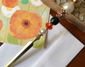 Orange Beaded Letter Opener, Gold Letter Opener, Metal Mail Opener, Envelope Opener