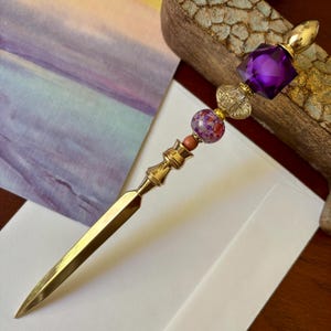 Purple Beaded Letter Opener: Gold Finish Metal Mail Opener
