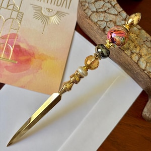 Peach Swirl Beaded Letter Opener: Gold Metal Desk Accessory