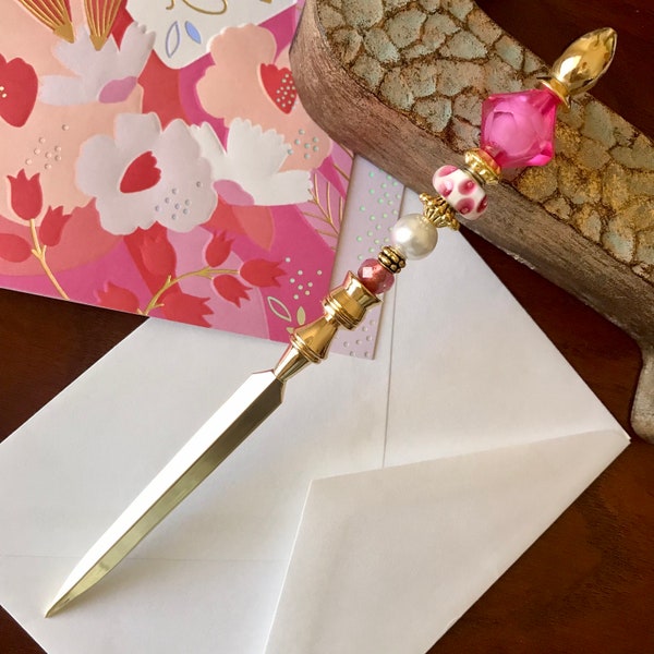 Pink Beaded Letter Opener, Gold Letter Opener, Mail Opener, Metal Letter Opener, Envelope Opener, Desk Accessory