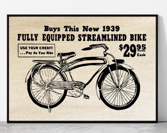 Bicycle Digital Poster | 1940s | INSTANT DOWNLOAD | Vintage Poster | Bike Art | Cycling Poster | Bike Print | Gift for Cyclist
