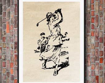 Puede incluir: Dibujo en blanco y negro de una mujer jugando al golf. Lleva un sombrero y una camisa de manga larga. Está balanceando un palo de golf y hay otras personas en el fondo.