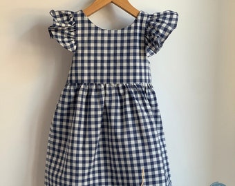 Crossed summer dress behind with pure cotton bow for baby girl & girl from 24 months to 6 years in white/blue or white/pink checkered