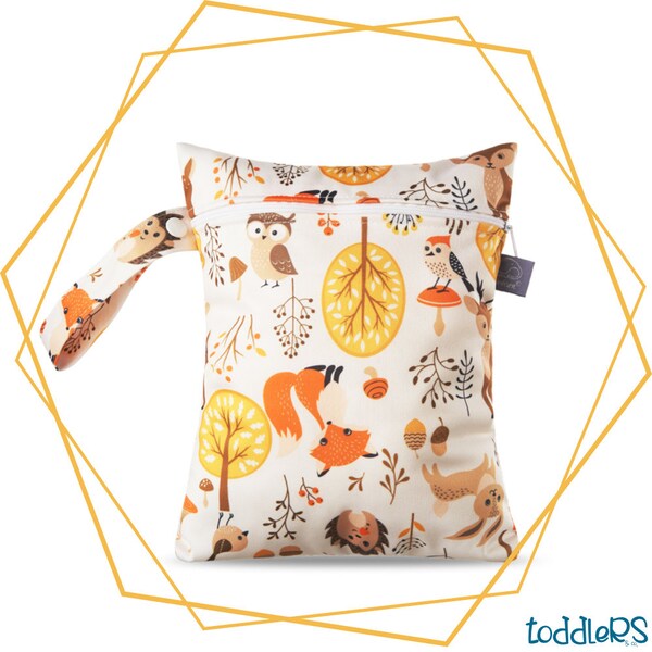 Diaper bag waterproof bag with double zipper for diapers, wet and dry costumes, small 18 x 25 cm (foxes in the woods)