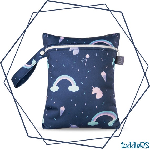 Diaper bag sacchetto impermeabile con doppia chiusura lampo per pannolini, costumi bagnati e asciutti, small 18x25 cm (unicorni)