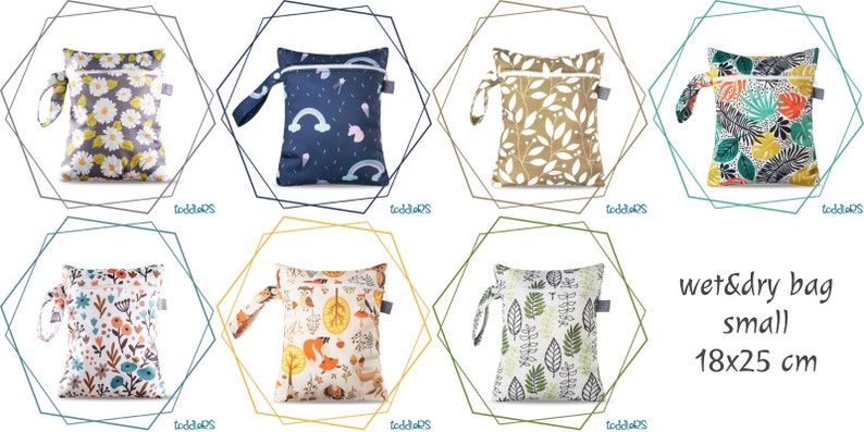 Diaper bag waterproof bag with double zipper for diapers, wet and dry costumes, small 18 x 25 cm foxes in the woods image 8