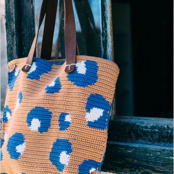 Borsa a spalla effetto leopardato con manici in ecopelle shopping bag Handtasche realizzata all'uncinetto made in Italy in puro cotone bio