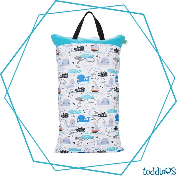 Diaper bag waterproof bag with double zipper for diapers, wet and dry costumes, big 40 x 70 cm (whales and seals)