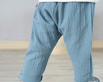 Pantaloni pinocchietto modello Harem in lino pieghettato, tinta unita, per neonati e bambini taglia 24 mesi - 6 anni in diversi colori