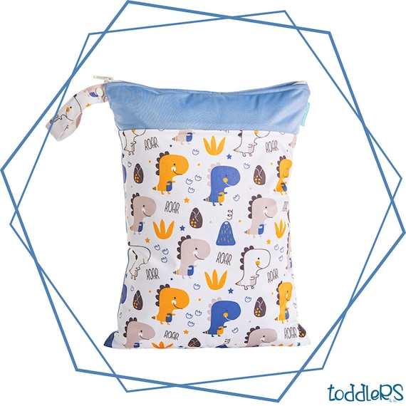 Diaper bag sacchetto impermeabile con doppia chiusura lampo per pannolini, costumi bagnati e asciutti, medium 30x40 cm (dinosauri)